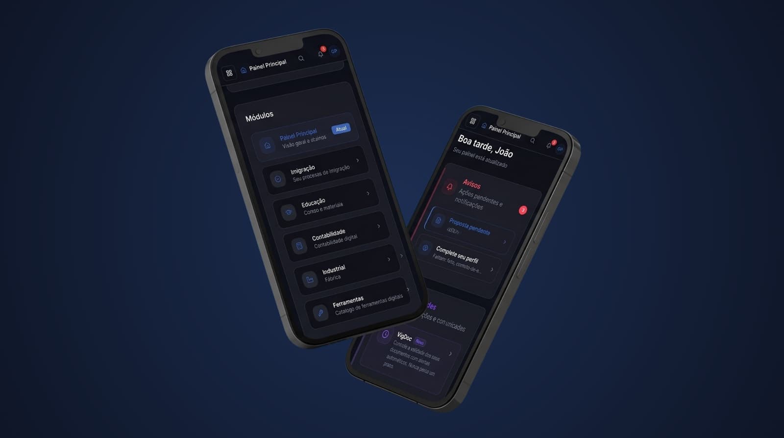 O app do SOR: painel principal, módulos e avisos de prazo na palma da mão.