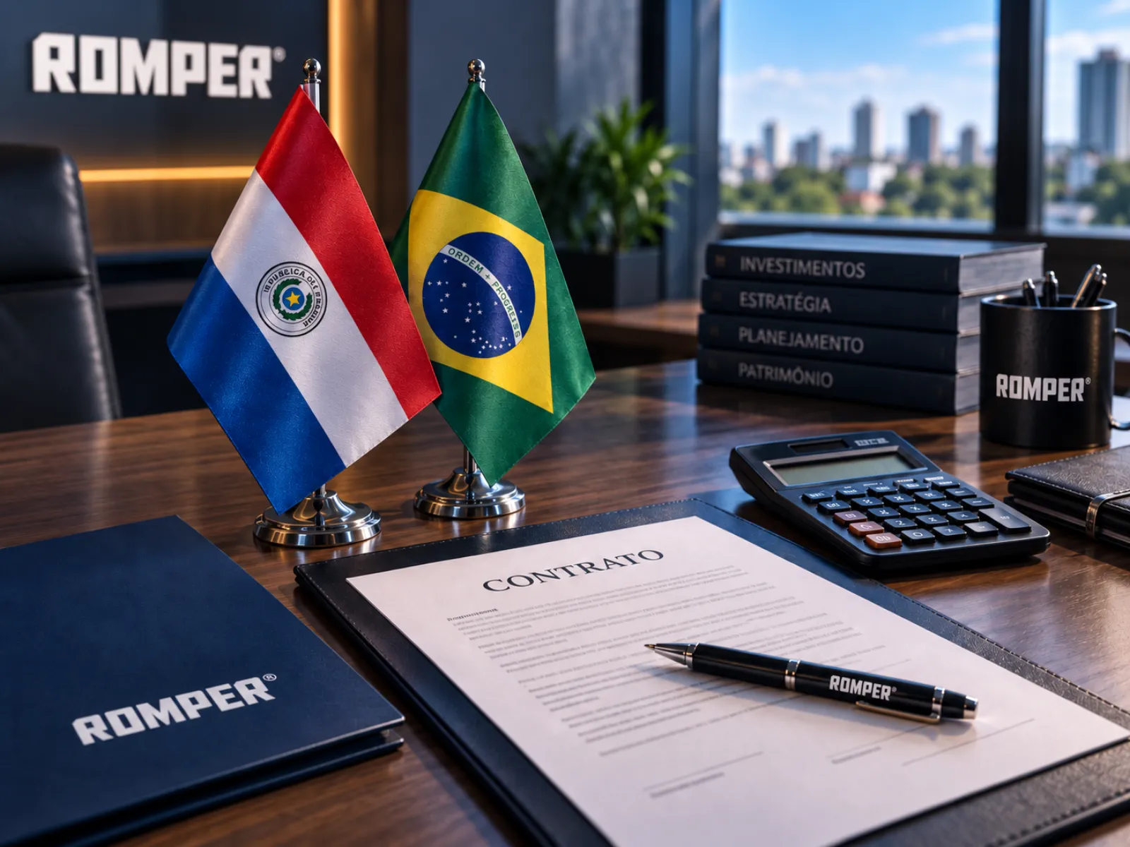 Mapa com duas bandeiras sobre a mesa; contrato e calculadora ao lado.