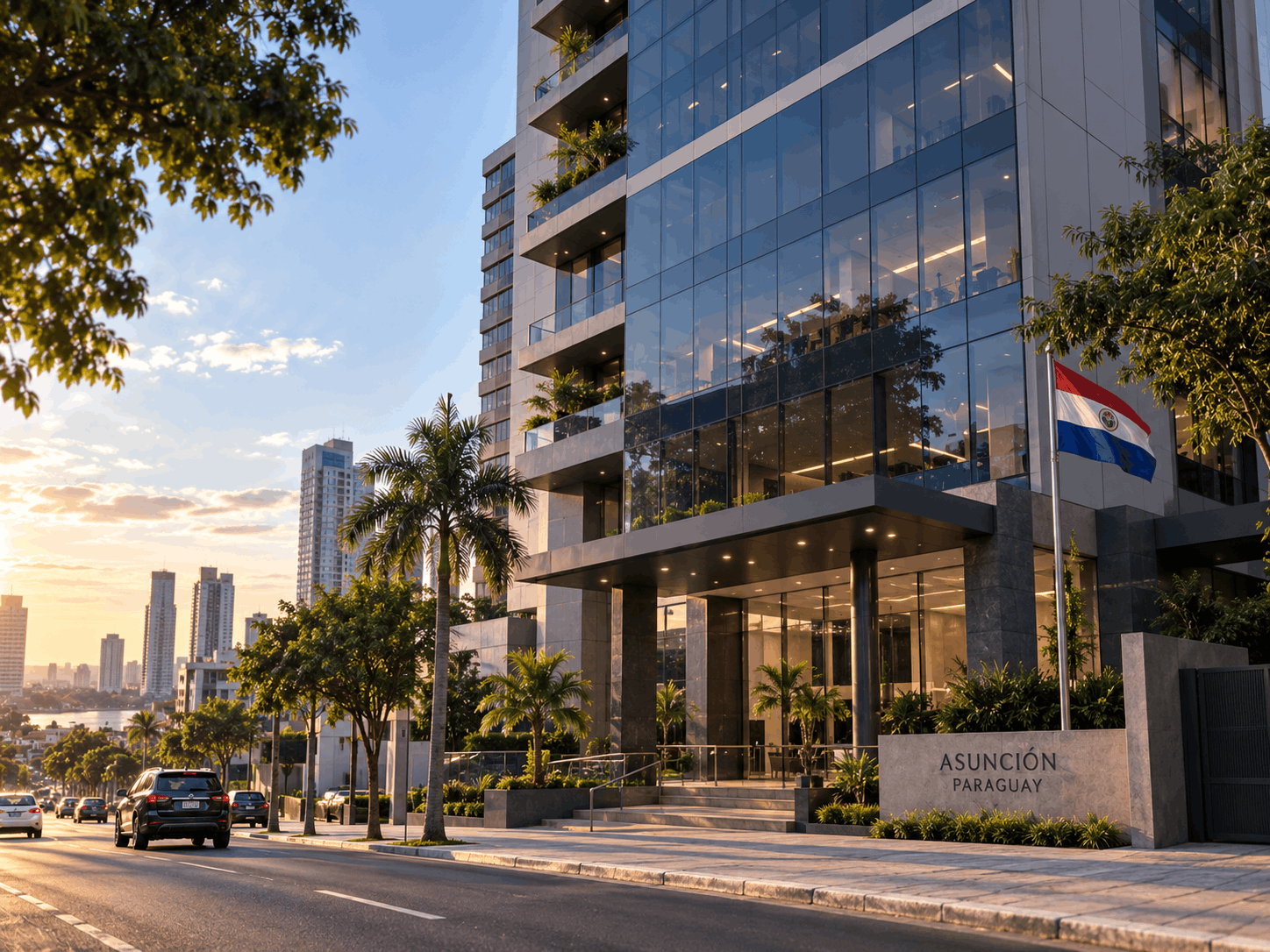 Fachada de prédio corporativo em Assunção, Paraguai
