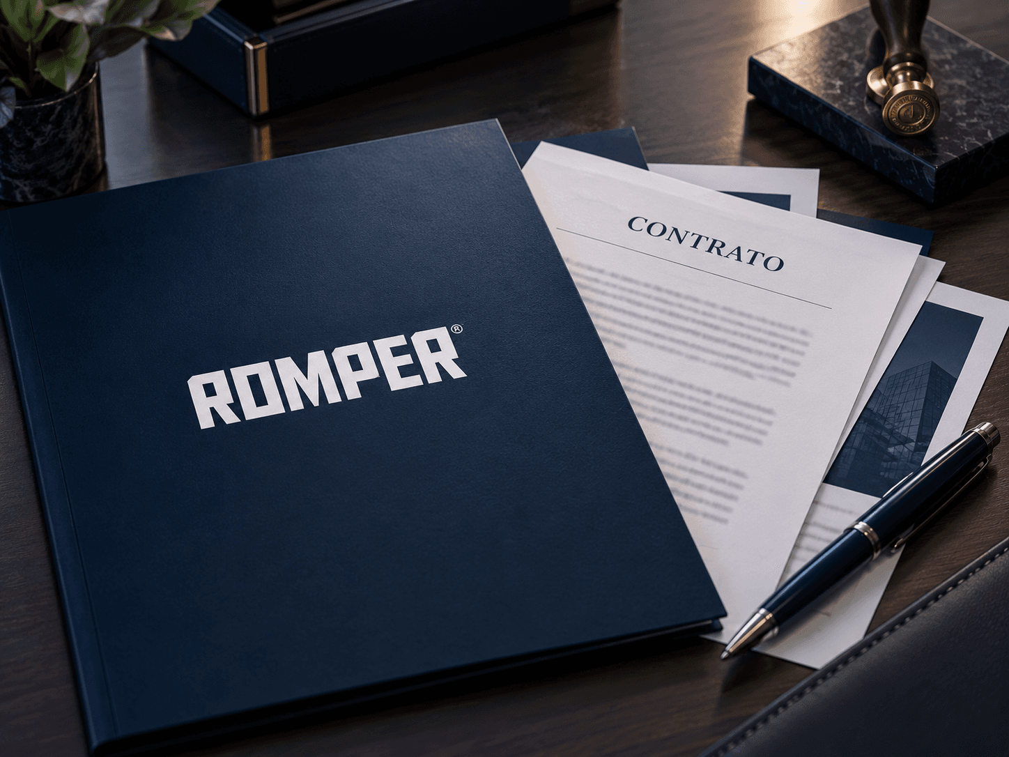 Pasta ROMPER com contrato sobre a mesa
