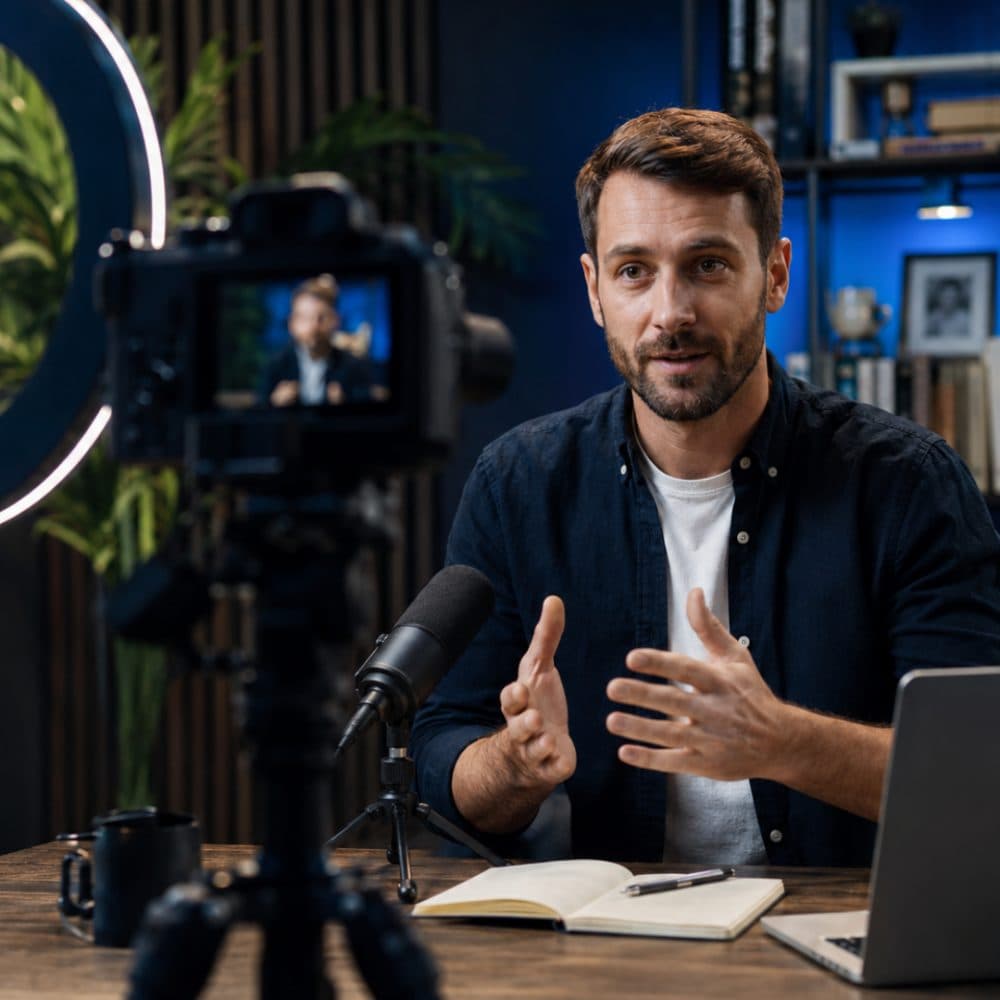 Criador gravando conteúdo com ring light e câmera