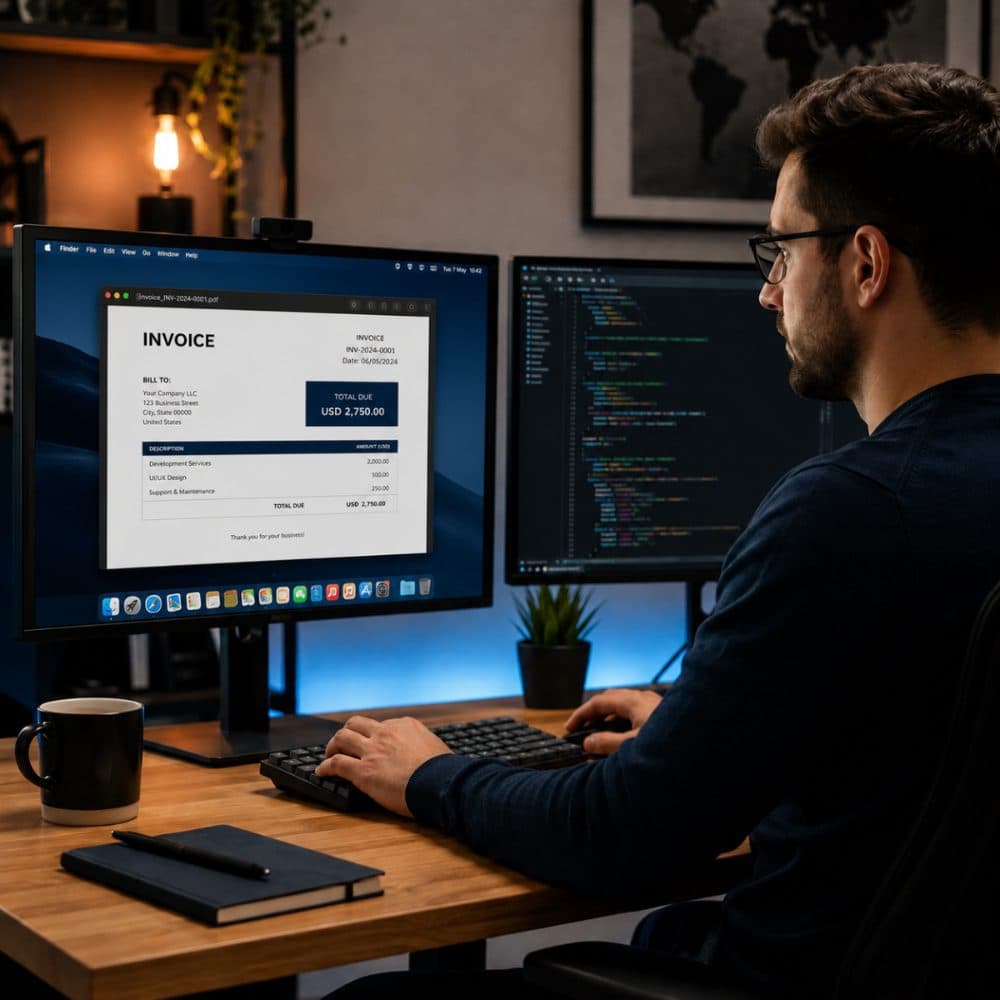 Dev em home office com dois monitores, invoice em dólar na tela