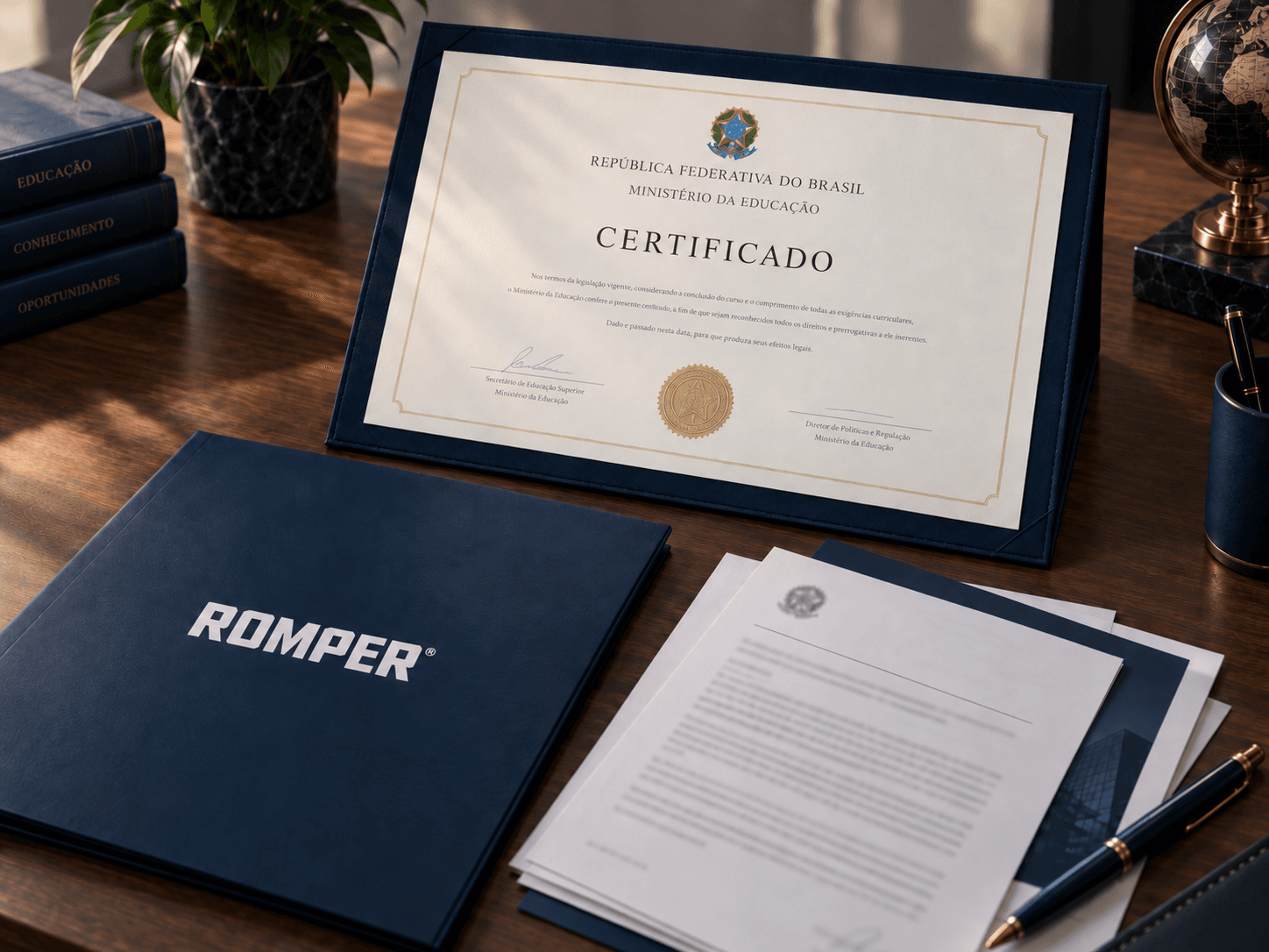 Diploma sobre a mesa ao lado do carimbo de apostila, mãos conferindo a grade curricular