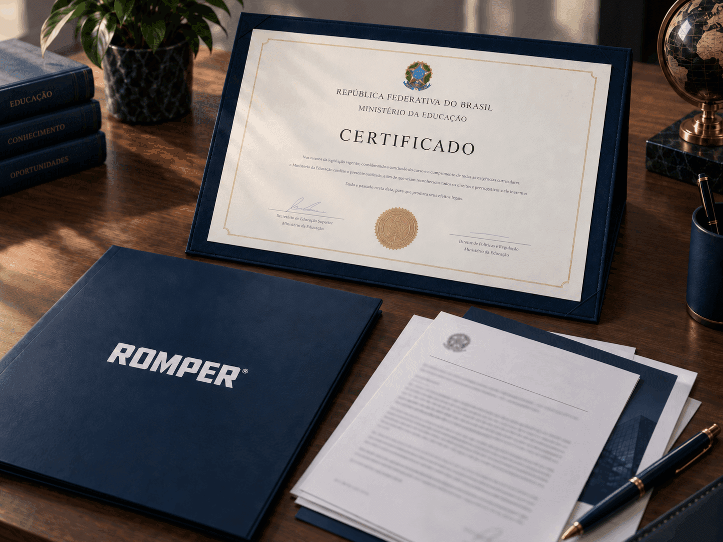 Diploma sobre a mesa ao lado do carimbo de apostila, mãos conferindo a grade curricular