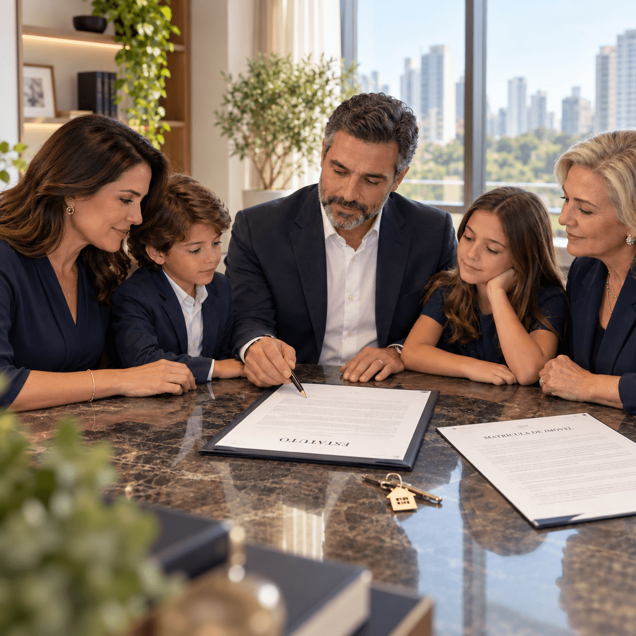 Família em volta da mesa com o estatuto impresso; chave e matrícula de imóvel ao lado