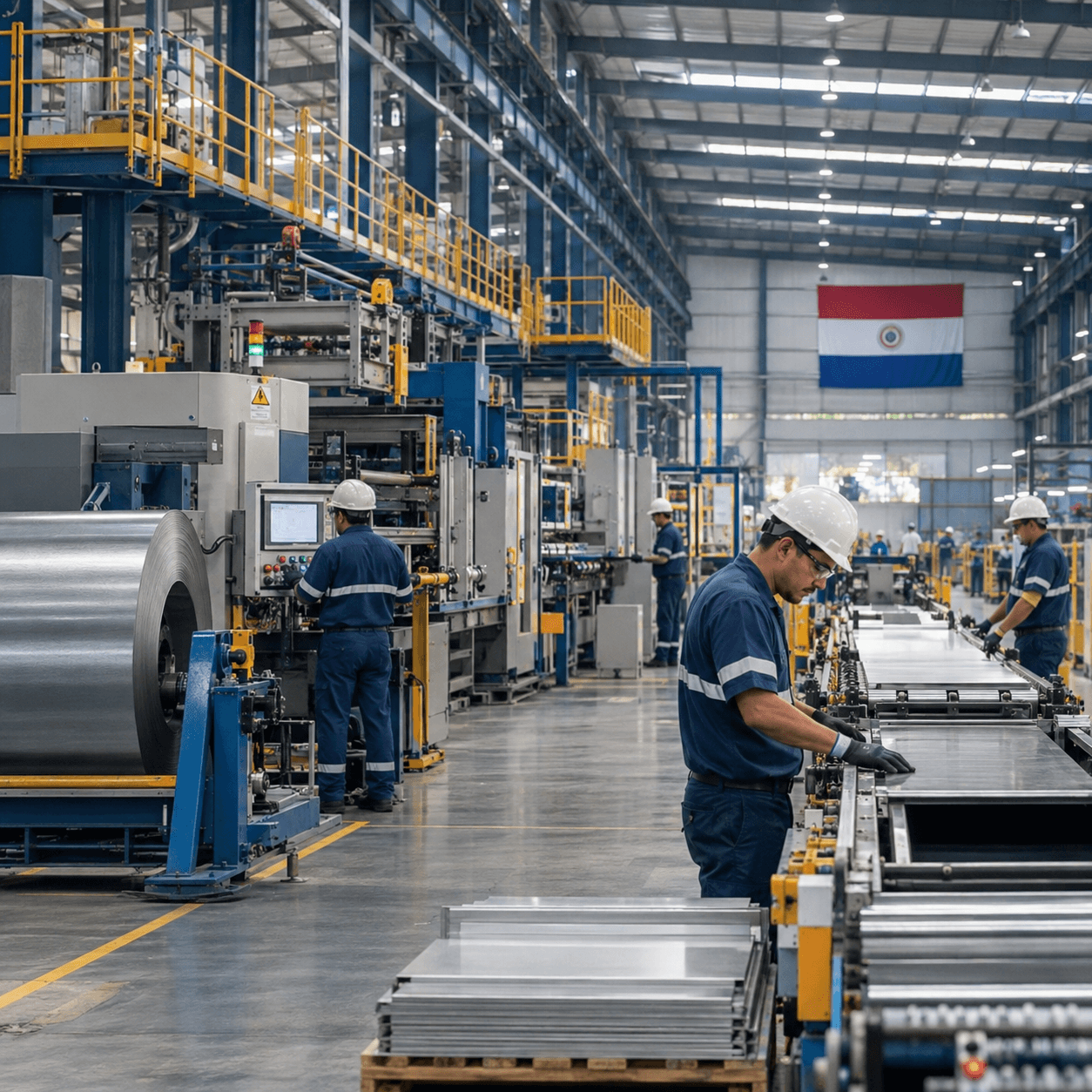 Linha de produção industrial em galpão no Paraguai