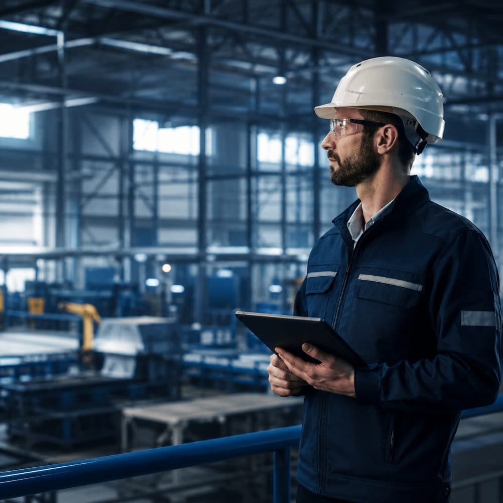Profissional de capacete numa planta industrial em operação