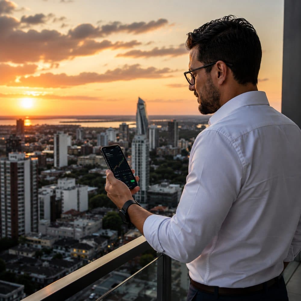 Investidor olhando a cidade do alto, fim de tarde