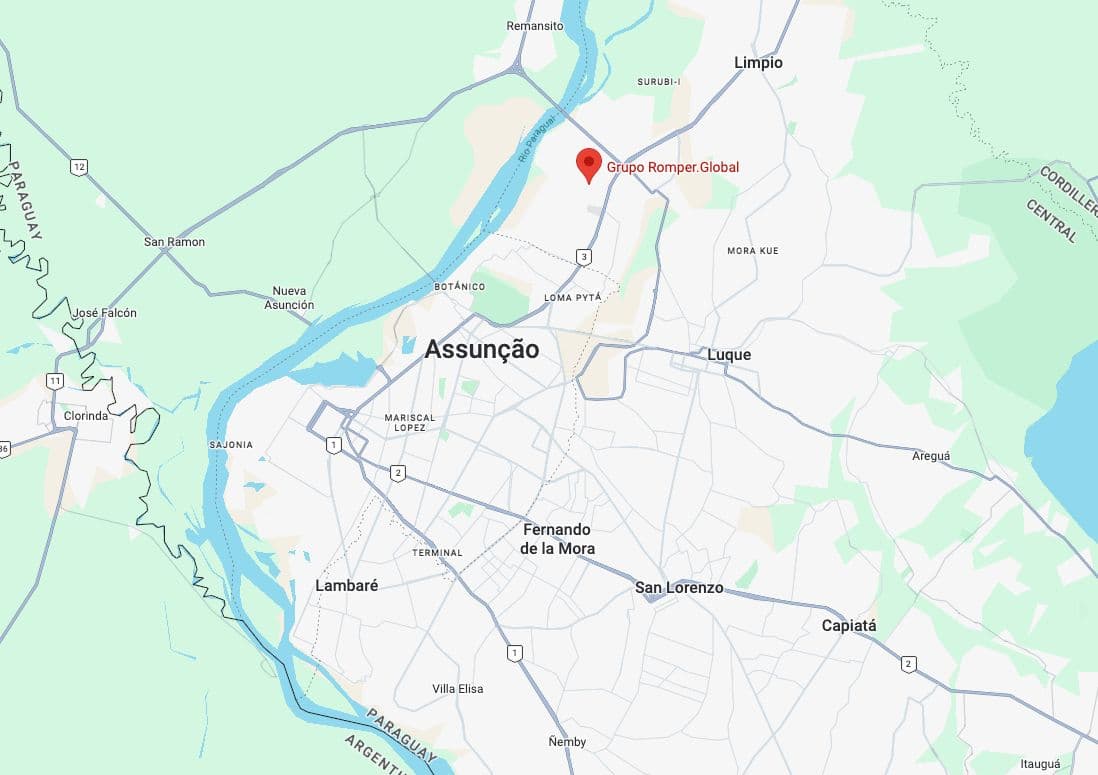 Mapa da Grande Asunción com a sede do Grupo Romper em Mariano Roque Alonso