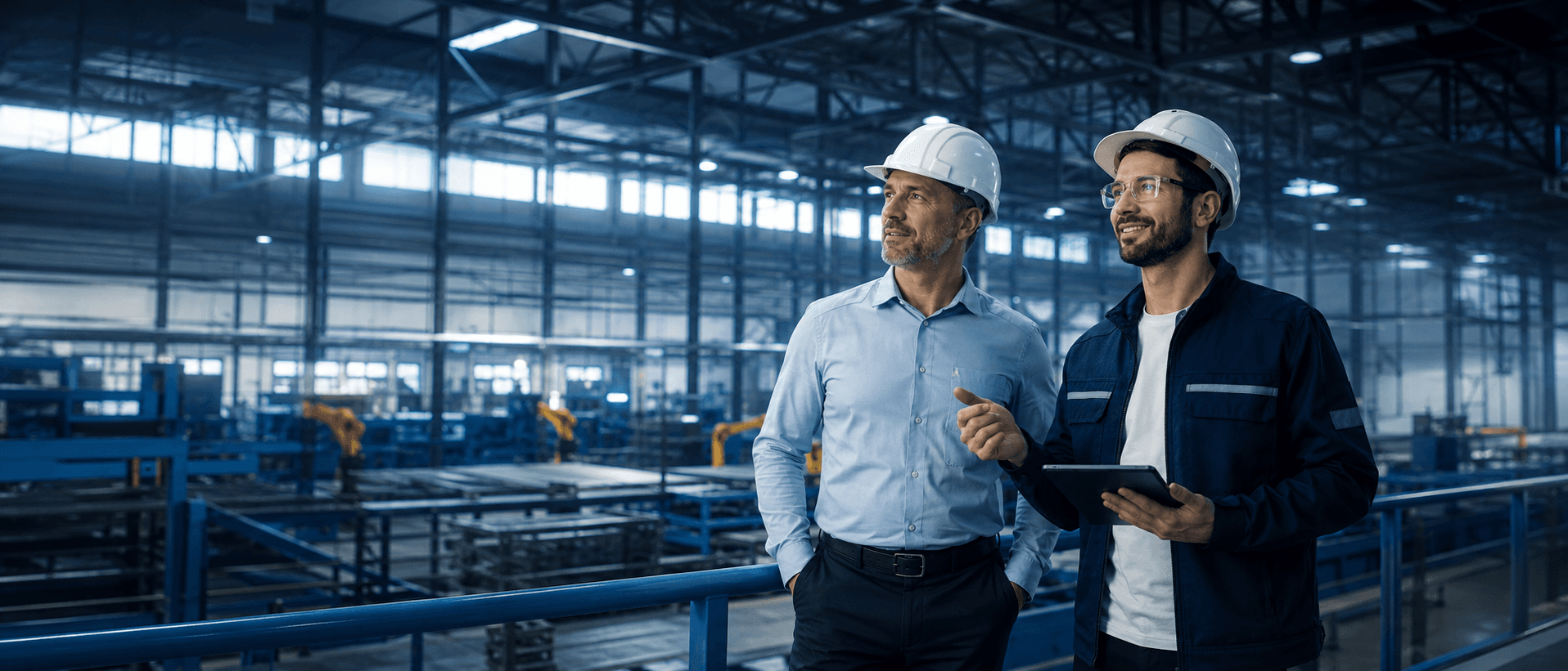 Empresário industrial e equipe da Romper conferindo desenho de linha de produção na mesa.