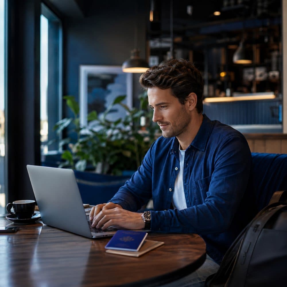 Nômade digital num café, notebook aberto e passaporte sobre a mesa