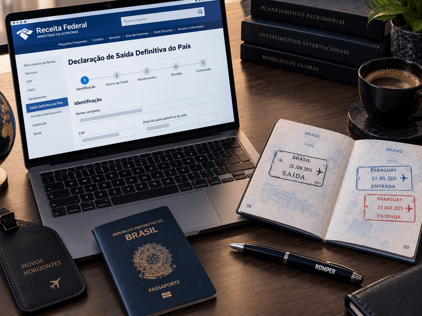 Passaporte carimbado sobre a última declaração impressa, caneta ao lado