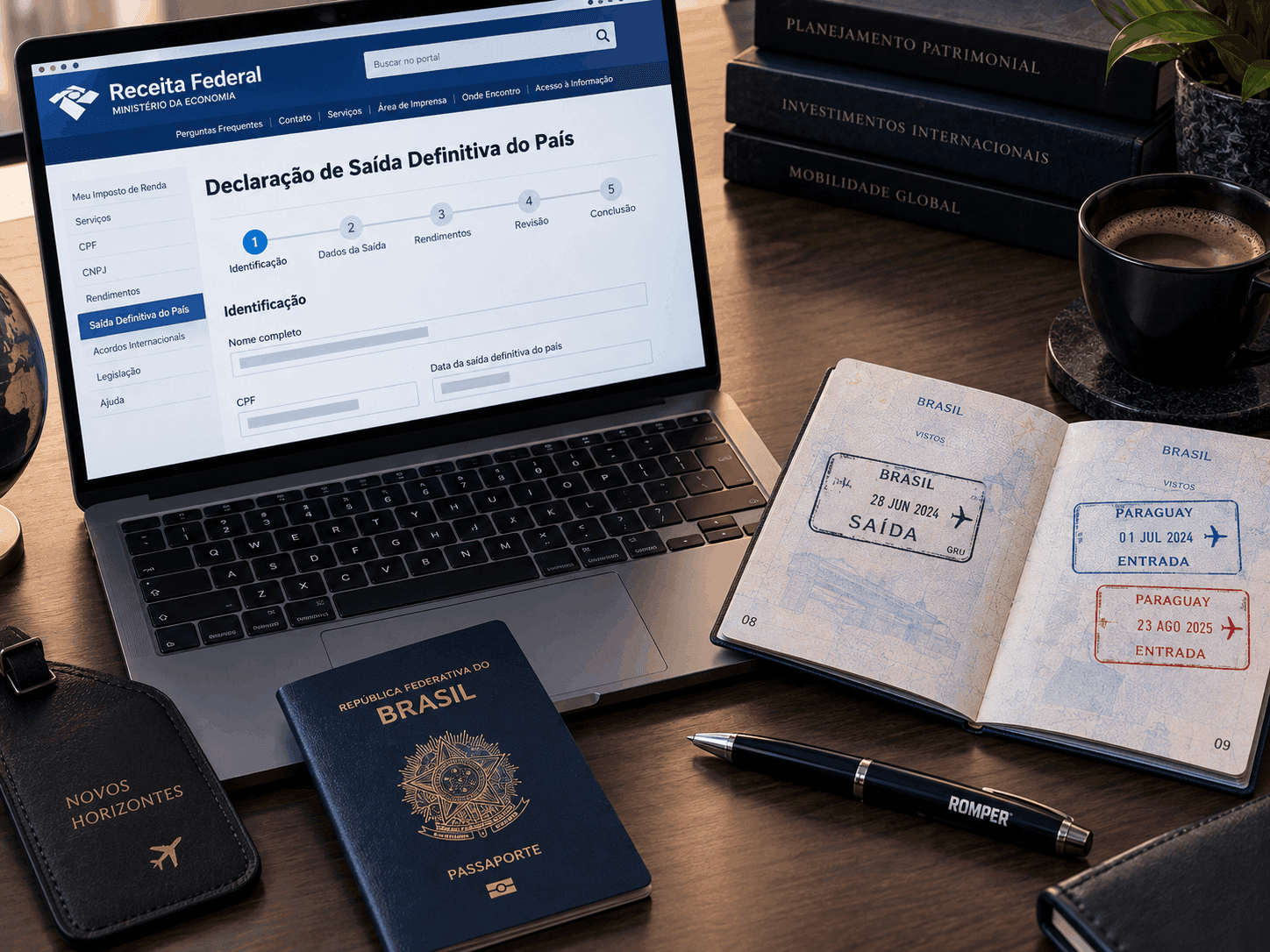 Pasaporte sellado sobre la última declaración impresa, lapicera al lado